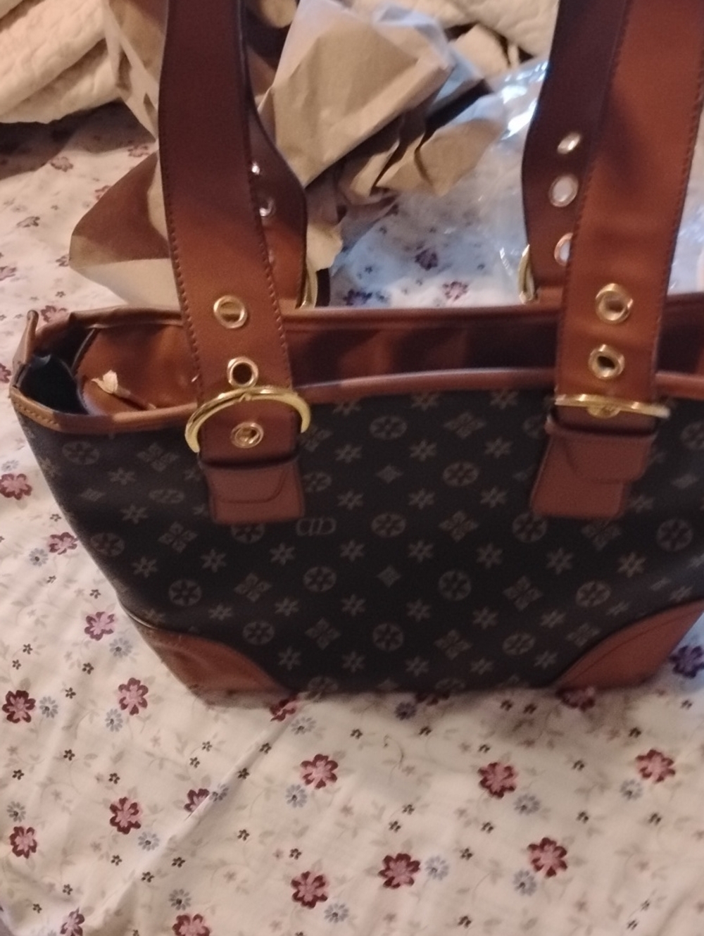 Brown Patterned Tote Bag with Gold Hardware New Never Used Adjustable Straps
